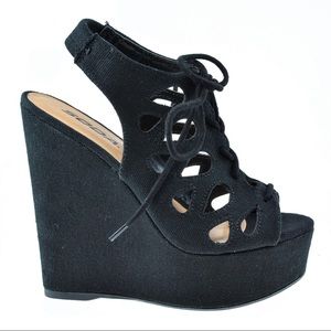 Black Cutout Lace-Up Wedges